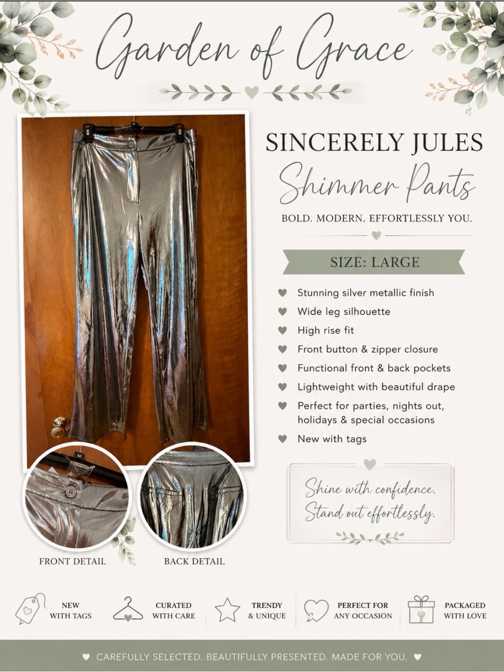 Sincerely Jules Silver Metallic Wide-Leg Shimmer Pants